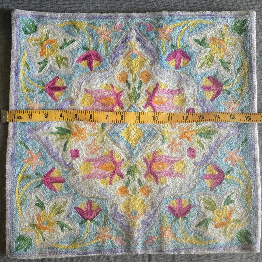 Hand Embroidered Throw Pillow Cushion Cover Wool on Cotton 16.5